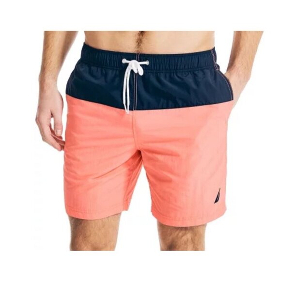 Nautica Mens Swim Trunks With Drawstring Waistband In Coral, Navy Blue Size S - Picture 8 of 8